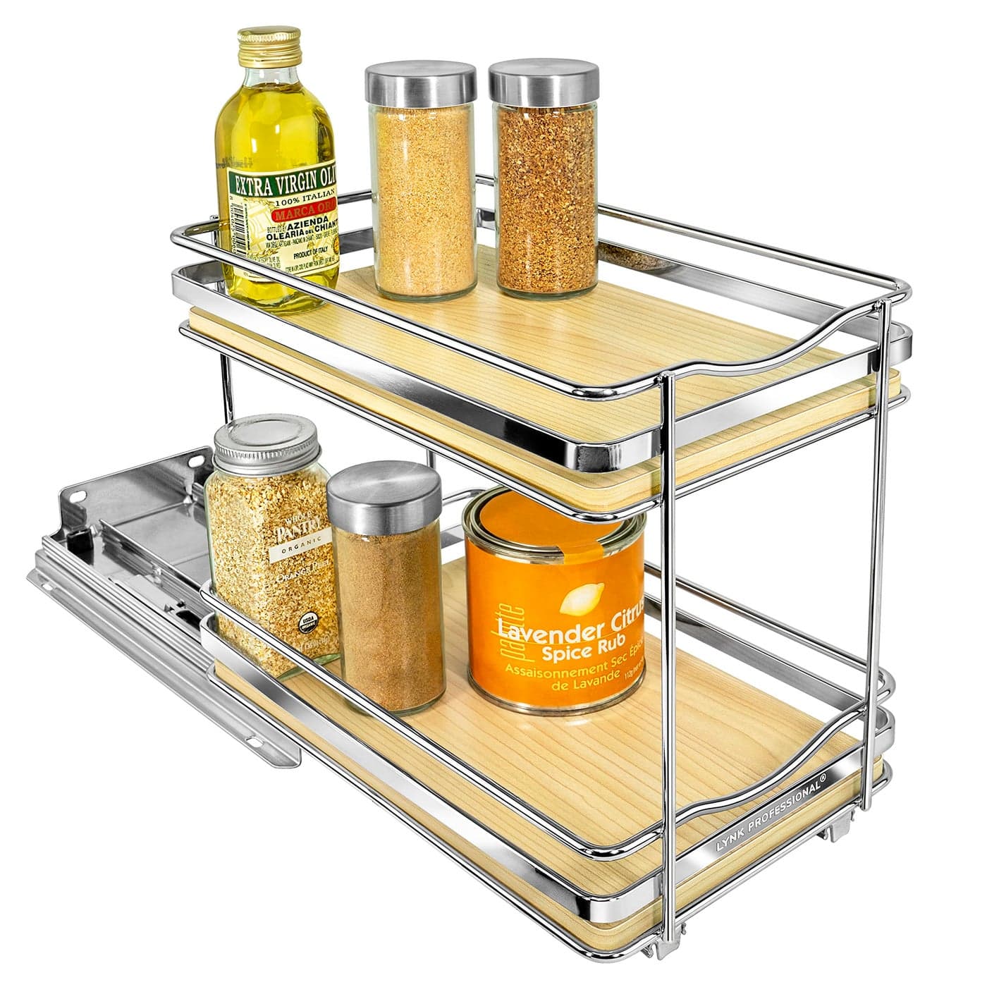 LYNK PROFESSIONAL lite Pull Out Spice Rack Organizer for Inside Kitchen Cabinets 614 inch Wide Slide Out Drawer WoodChrome Sliding Spice Cabinet Organization Shelf Racks 2 Tier