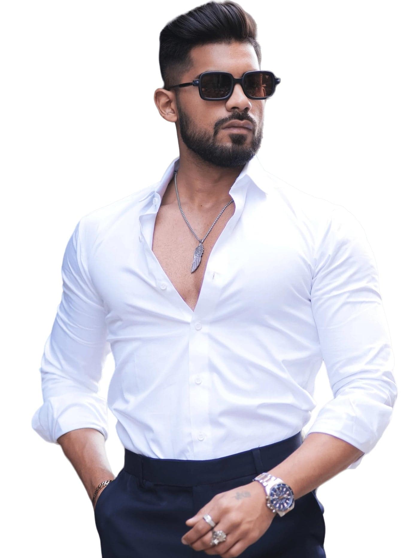 IndoPrimo Men's Casual Solid Satin Shirt for Men Full Sleeves Spread Collared Neck Curved Hem Length | Shirt for Man | White XXL