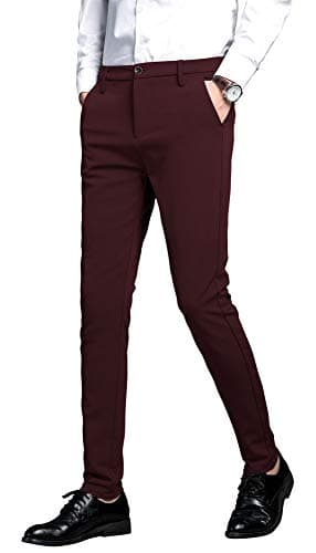 Plaid&Plain Men's Stretch Dress Pants Slim Fit Skinny Suit Pants 7101 Burgundy 34W32L