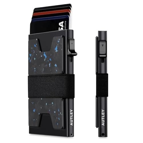 AUTLEY Slim Card Holder, Minimalist Pop Up Wallet for Men, RFID Blocking Mens Wallet with Cash Band (Blue Spot Carbon Fiber)