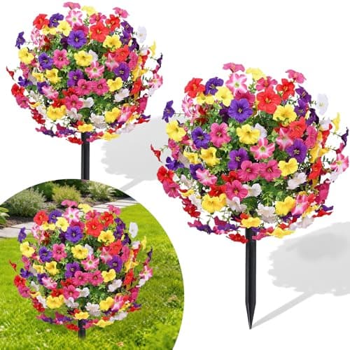 23 Artificial Boxwood Topiary Ball Trees with Petunias Flowers Set of 2 Faux Outdoor Plants with Ground Spike for Outdoors UV Resistant Fake Flowers for Outdoor Garden Yard Front Porch Patio Decor
