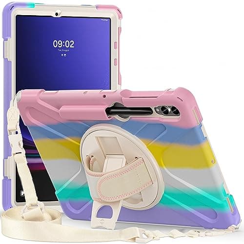 ProElite Cover for Galaxy Tab S9 Plus/ S9 FE+/S10+ Case, Rugged 3 Layer Armor case for Samsung Tab S9 Plus/S8 Plus/S7 Plus/S7 FE/S10+ 12.4 inch with S Pen Holder and Rotating Kickstand, Rainbow Pink