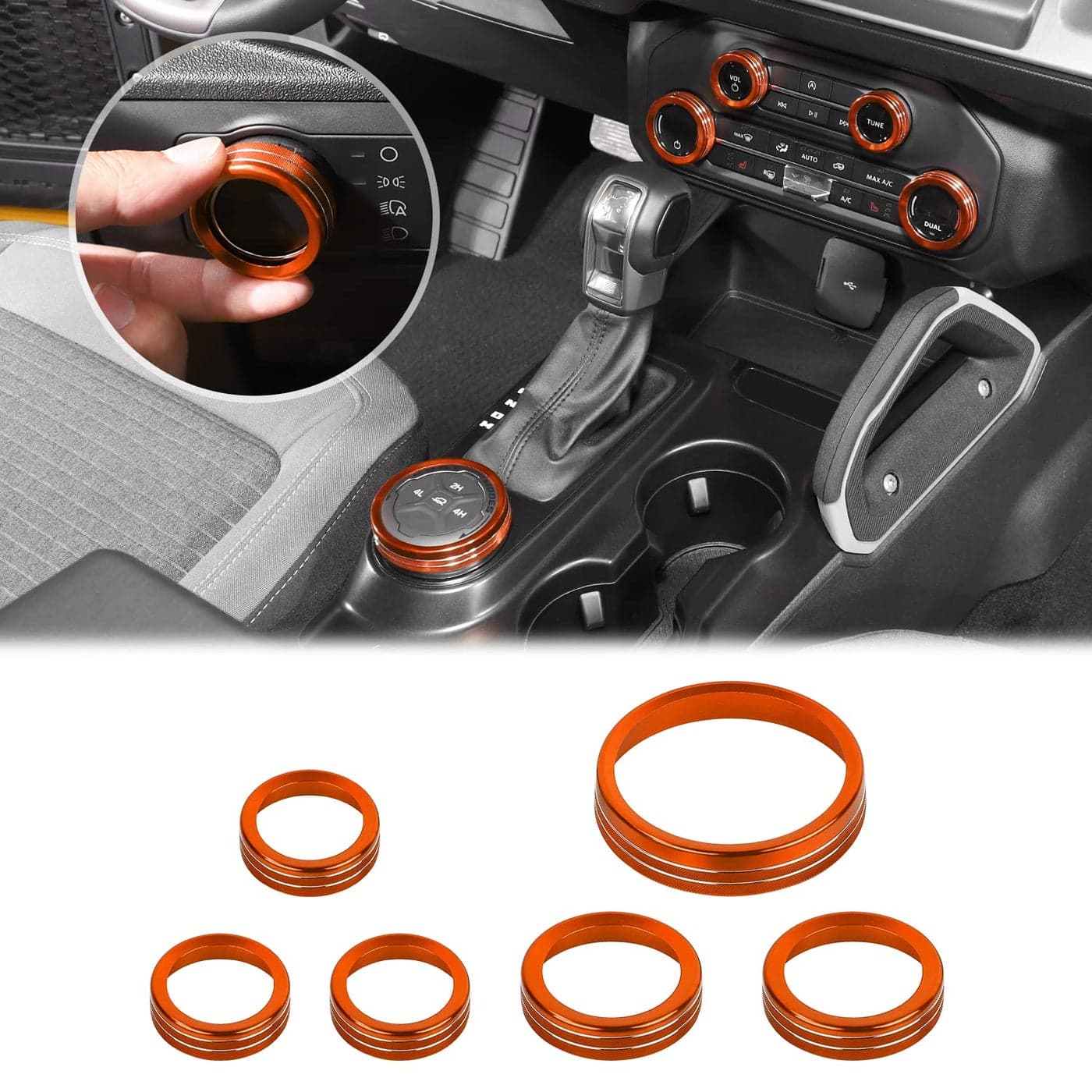JWWY Air Conditioner Headlight Switch Knob 4WD Wheel Drive Trailer Gear Switch Knob Cover for 20212025 Ford Bronco Accessories Aluminum Alloy 6PCS OrangeDont fit Bronco Sport