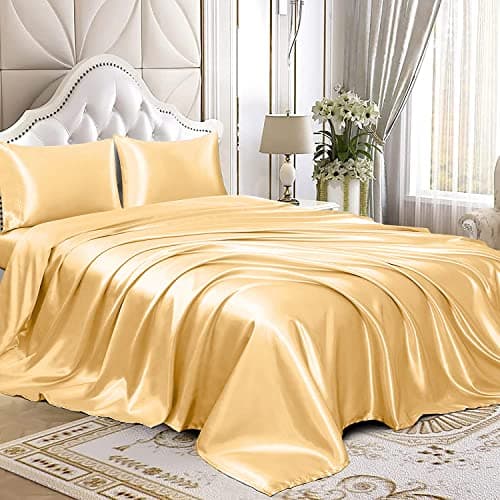 Homiest 4pcs Satin Sheets Set Luxury Silky Satin Bedding Set with Deep Pocket 1 Fitted Sheet 1 Flat Sheet 2 Pillowcases King Size Gold