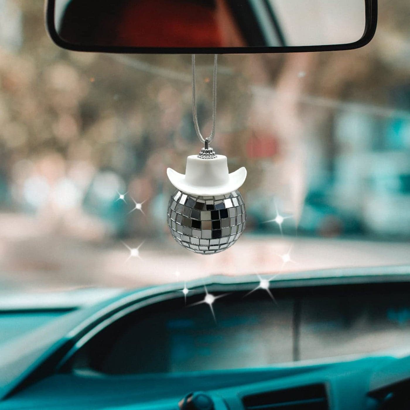 SPANSEE White Car Accessories Disco Ball Cowboy Hat Automotive Interior Accessories Charm for Rear View Mirror