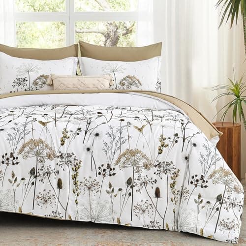 Yiran Khaki Floral Comforter Set Queen Size 7 Piece Dandelion Botanical Plant Comforter Bedding Set Bed in a Bag Queen Soft Microfiber Complete Bedding Set with Sheets for All Season
