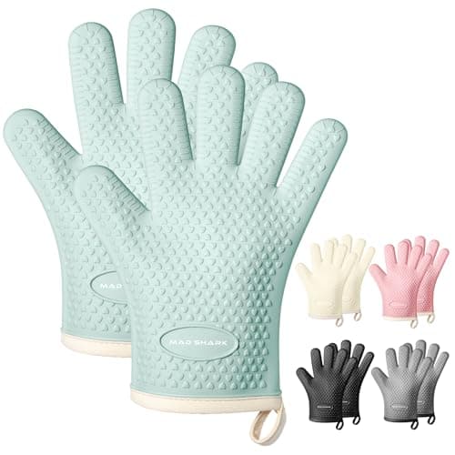 MAD SHARK Silicone Oven Mitts Heat Resistant 450 Degrees,Waterproof & Non-Slip Oven Gloves with Fingers,Cotton Lined Silicone Oven Gloves Kitchen Mitts for Baking Cooking Barbecue,Women (Green)