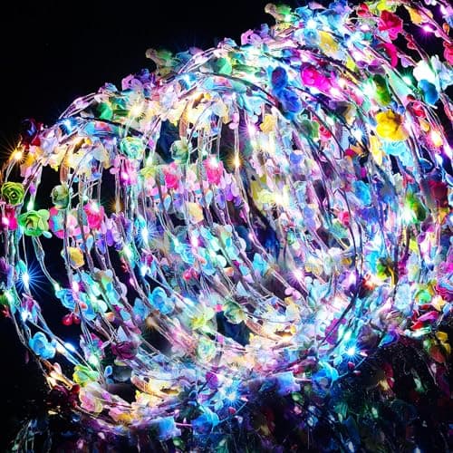 Yunsailing 64 Pcs Mardi Gras Light up Flower Crown Valentine Glow Themed Party LED Headband Girl Headpiece Glowing Floral HeaddressClassic