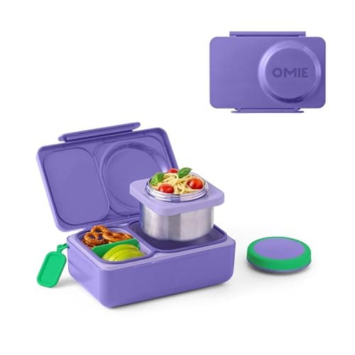 Omie OmieBox UP bento Box for Kids | Insulated Lunch Box | Leak Proof Vacuum Insulated Thermal Food jar | Cooler ice Pack | 2 Compartments (Galaxy Purple)