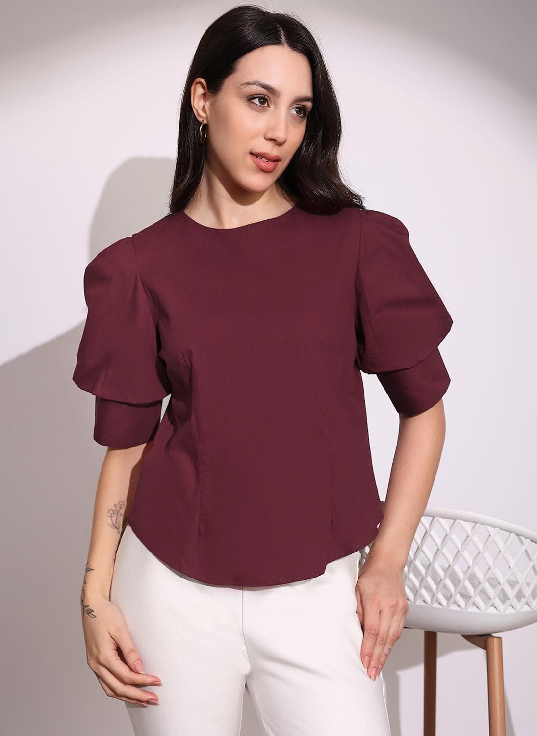 Globus Women's Top Maroon Formal with Round Neck and Puff Sleeves