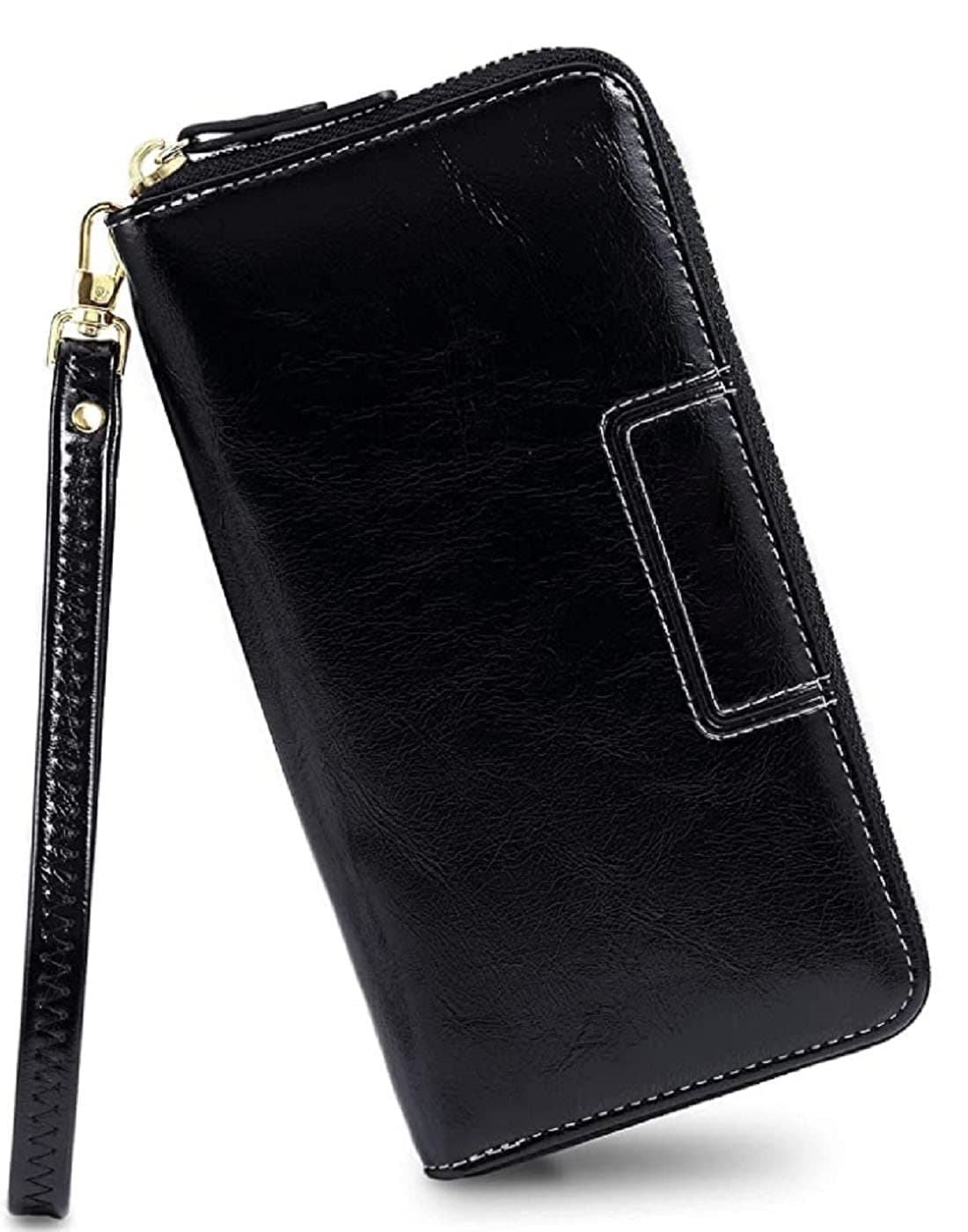 Contacts Wristlet Wallets for Women with RFID Protection | Ladies Leather Clutch/Wallet | Large Capacity Zipper Purse/Card Holder Organizer for Women (Black)