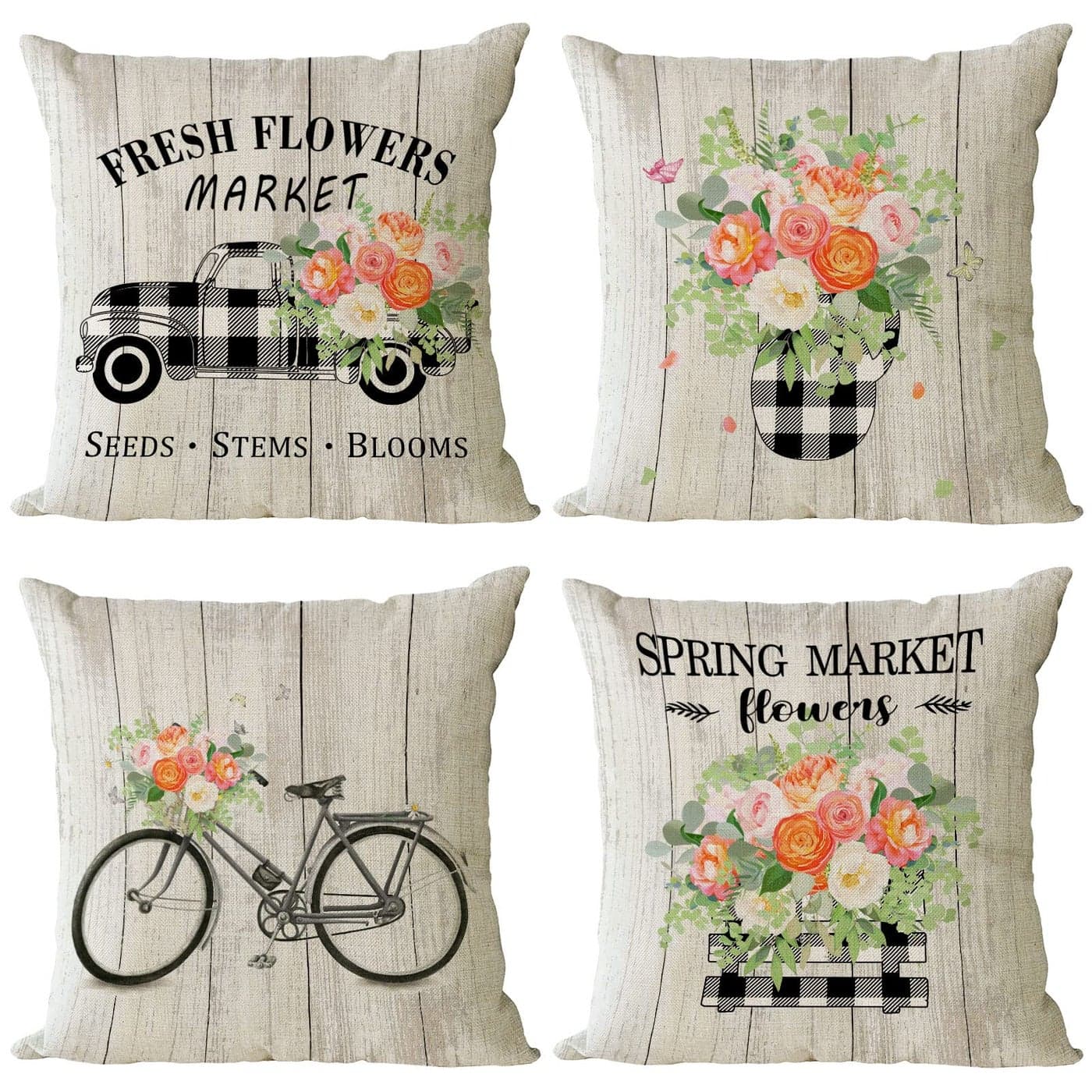 Spring Throw Pillow Covers 18x18 Set of 4 Floral Pillow Covers Spring Summer Decorative Pillow Covers Truck Biycle Flower Cushion Covers Pillow Cases for Home Outdoor Sofa Couch Decorations 18 inch