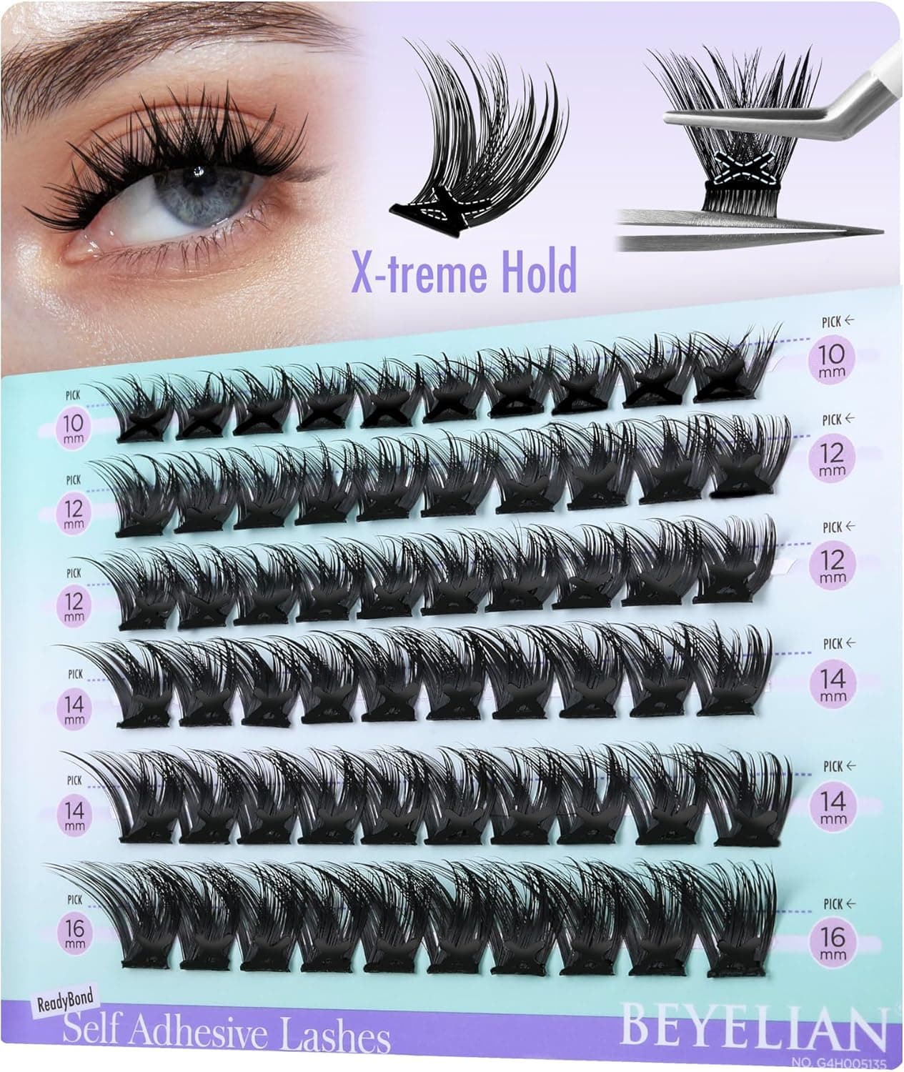 BEYELIAN Self Adhesive Lash Clusters 60Pcs Pre Glued Eyelashes Cluster D Curl 1016mm Press On Lashes No Glue Needed Wispy Lash Clusters DIY Self Stick Eyelashes