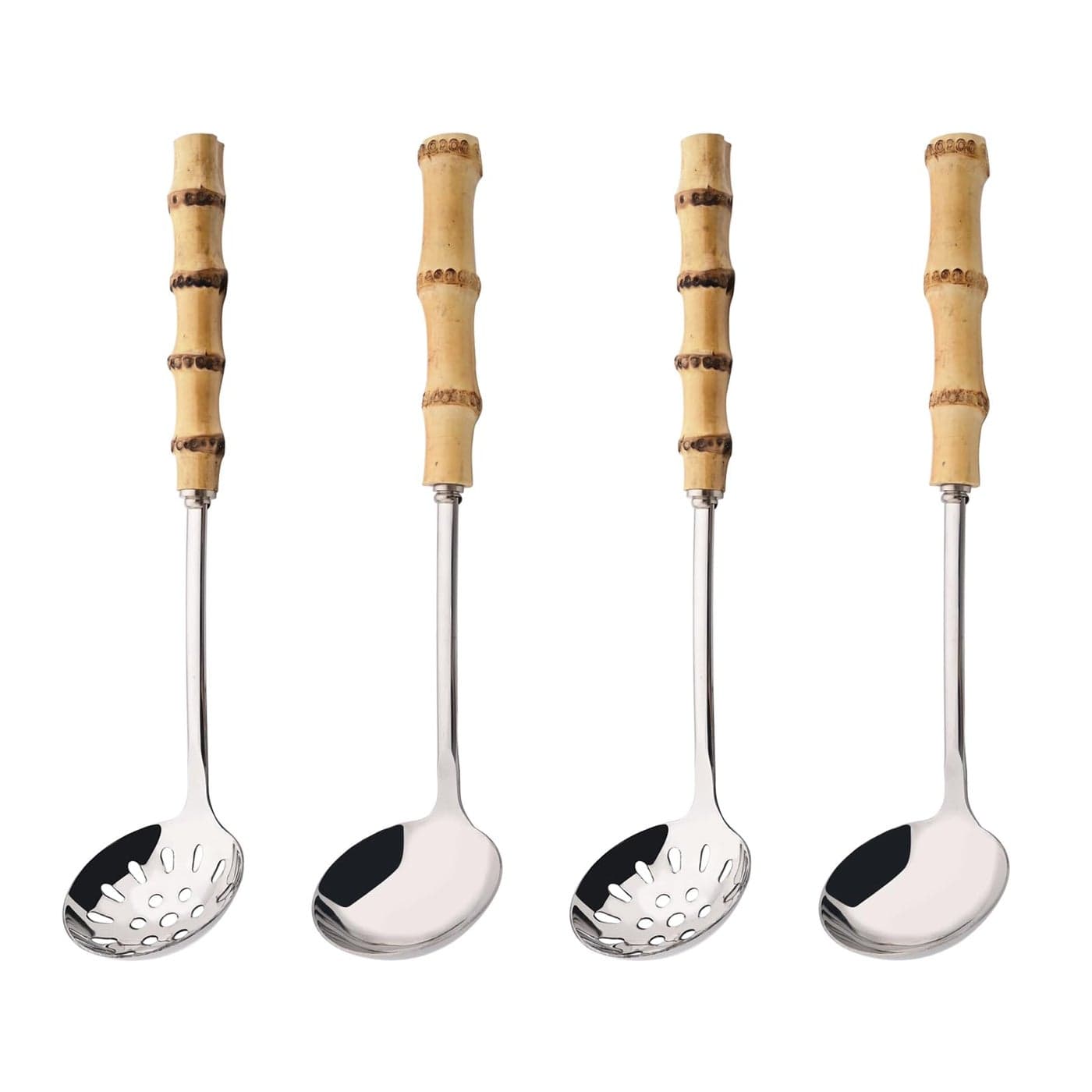 Uniturcky Soup Ladle and Slotted Spoon Set 304 Stainless Steel Serving Utensils with Natural Bamboo Handle Soup Spoons For Serving Gravy Hot Pot Or Restaurant 102 Inch 4 PCS 2 of Each