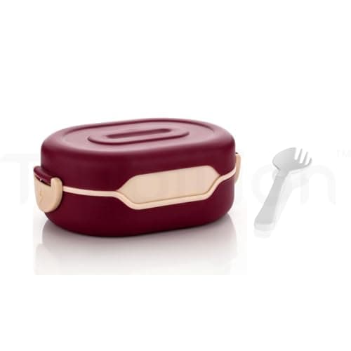 TRUBILLION Tasty Lunchbox, 2 Compartment Bento Lunch Box (900ml) with 2-in-1 Spoon, Leak Resistant, Unbreakable, BPA-Free, Food Grade, for Kids & Adults, School, Office, Travel (1, Maroon)