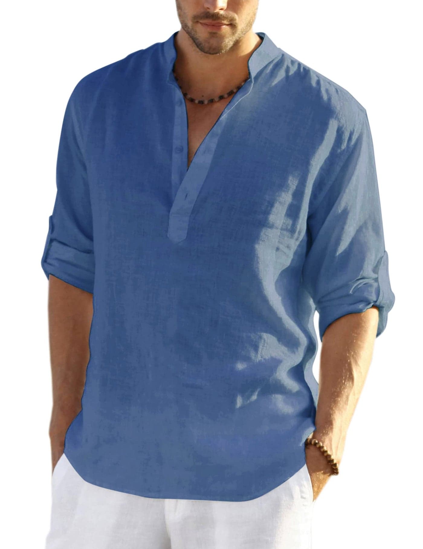 COOFANDY Men's Cotton Linen Henley T-Shirts Long Sleeve Hippie Casual Beach T-Shirts Denim Blue