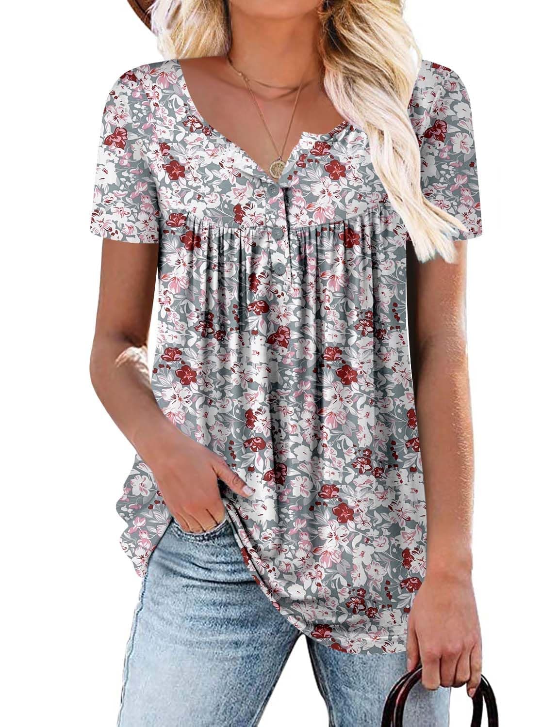 ROSELINLIN Short Sleeve Shirts for Women Gray Pink V Neck Blouse Ladies Tunic Tops L