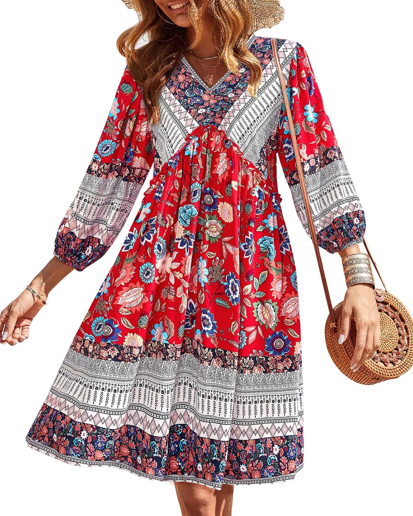 BTFBM Women Casual Spring Summer Dresses V Neck 3/4 Long Sleeve Ruffle Floral Flowy Boho Babydoll Mini Beach Dress(Floral Red White, Large)