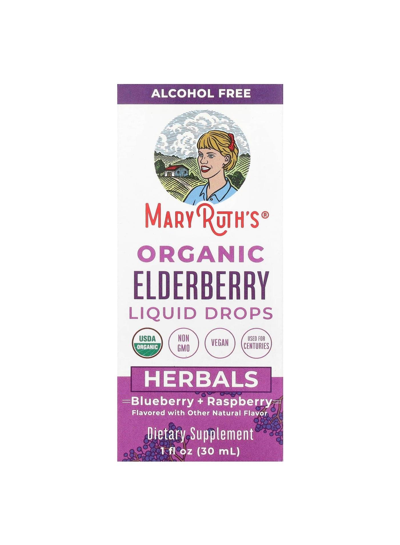 Organic Elderberry Liquid Drops, Alcohol Free, Blueberry + Raspberry, 1 fl oz (30 ml)