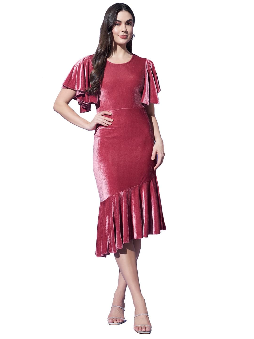 Vaararo Bodycon Midi Party Dress for Women | Shiny Velvet Fabric Fish Cut Ruffle Bottom Stylish Outfit Dark Peach Large