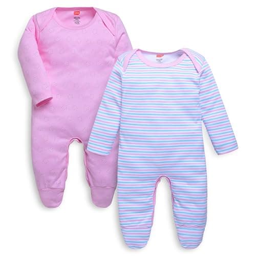 LuvLap Baby Boys and Girls 100% Cotton Full Sleeve Romper/Bodysuit Pack of 2, White & Baby Pink, S (1 to 3 Months)