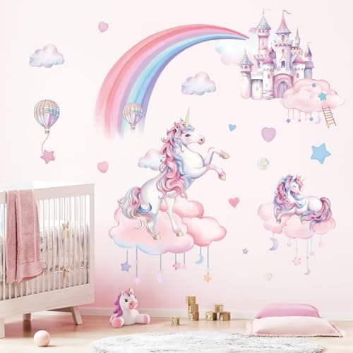 Fufuquare Removable Cartoon Rainbows Pink Clouds Wall Stickers Castles and Unicorns Wall Decals for Girls Bedroom Living Room