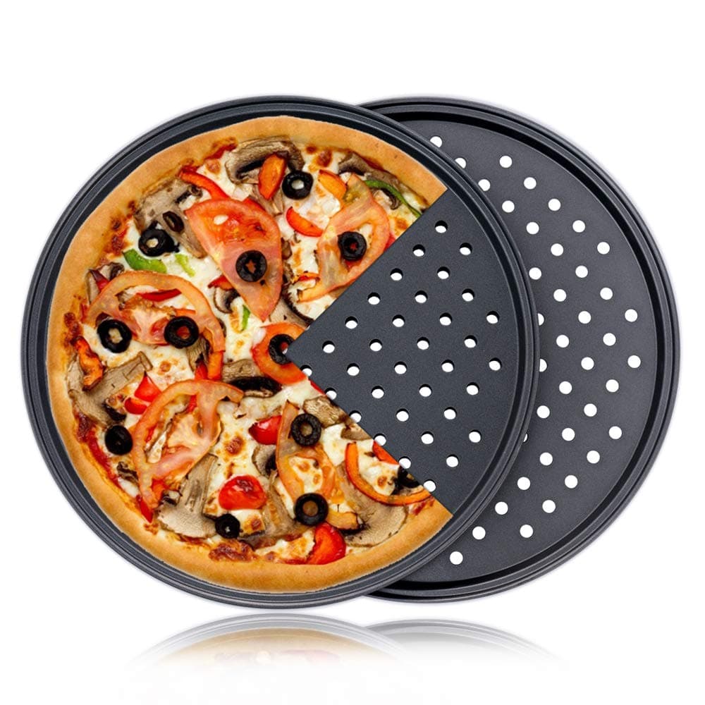 Destinymd Pizza Pan With Holes 2 Pack Carbon Steel Perforated NonStick Tray Tool Crispy 12inch Round for Home Kitchen Dark Gray