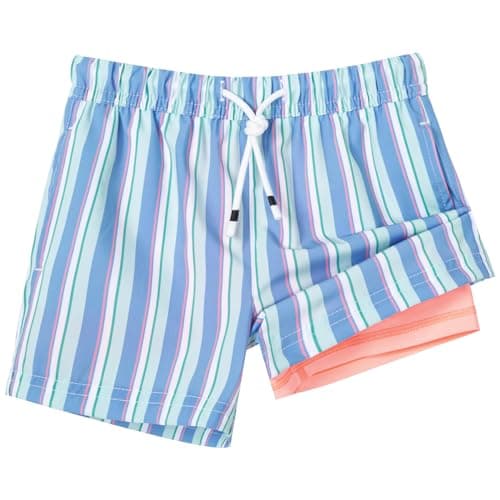 SURF CUZ Boys Swim Trunks with Boxer Brief Liner 2 in 1 Toddler Stretch Swimsuit Shorts Quick Dry Swimming Bathing Suit Blue Orange Stripes 14/16