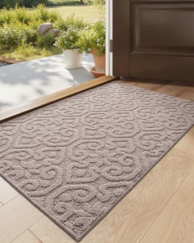 DEXI Front Door Entryway Mat Non Slip, 17x30 Washable Inside Entrance for House Floor Low Profile, Thin Entry Doormat Absorbent Dirt Trapper, Light Beige
