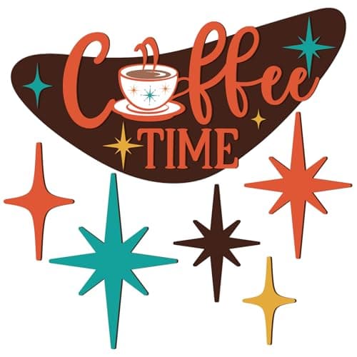 Amyhill 6 Pcs Mid Century Modern Decor Coffee Time Mcm Decor Retro Atomic Star Wall Art Sculpture, Wooden Colorful Starburst Wall Art Elegance Accents for Home Bar Office Room Hanging Decorations