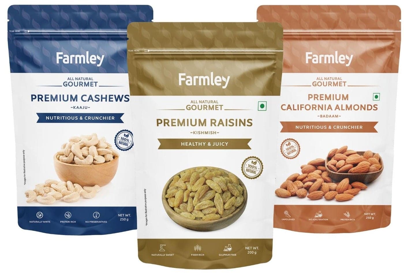 Farmley Dry Fruits Combo Pack 700 g I Almonds 250g + Cashews 250g + Raisins 200g I Mixed Dry Fruits | Diwali Dry Fruits Combo | Healthy Snacks