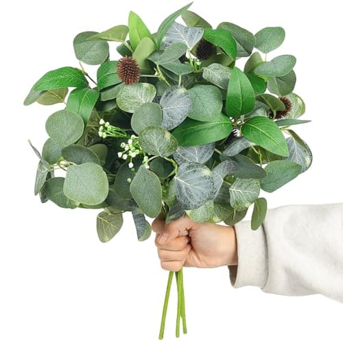 YUGALI Artificial Eucalyptus Stems for Vase Indoor, Faux Greenery Bush Bouquet with White Berry Pinecone Accents, 16" Tall Set of 4, Fake Plants Arrangements Home Décor