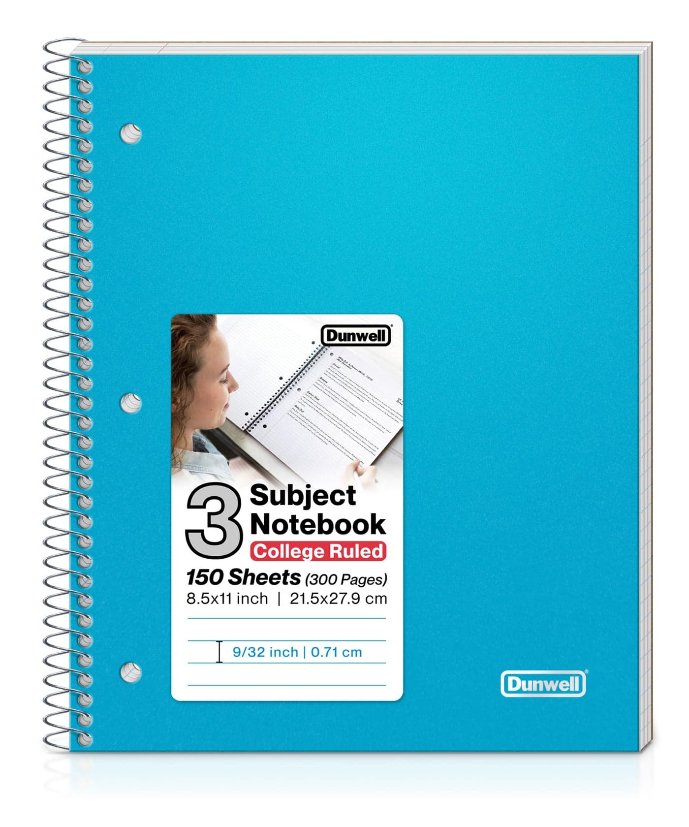 Dunwell 3 Subject Notebook College Ruled (Blue), 150 Sheets (300 Pages), Spiral Notebook 8.5 x 11, Plastic Cover, 3 Pocket Divider Folders, 3-Hole Punched Perforated Paper