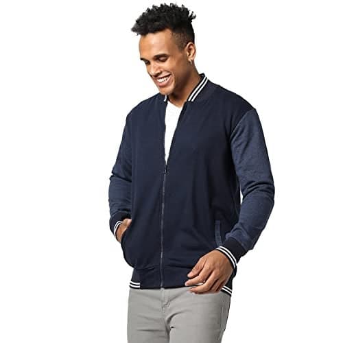 Campus Sutra Men's Navy Blue Zip-Front Jacket with Contrast Striped Hem for Casual Wear | Low-High Neck | Long Sleeve | Zipper Closure | Cotton Jacket Crafted with Comfort Fit for Everyday Wear