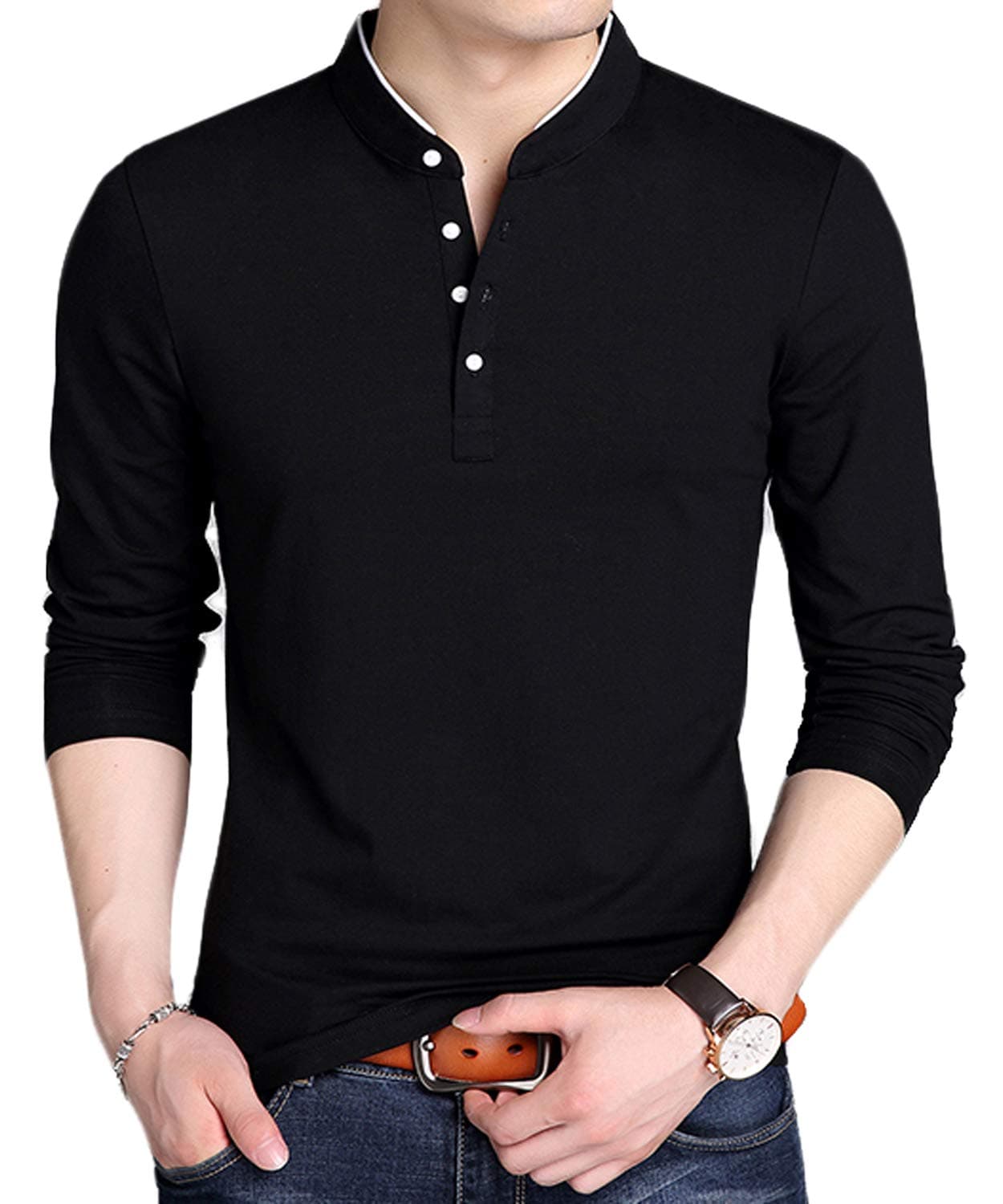 YTD Men's Casual Slim Fit Pure Color Long Sleeve Polo Fashion T-Shirts (US X-Large, Long Sleeve Black)
