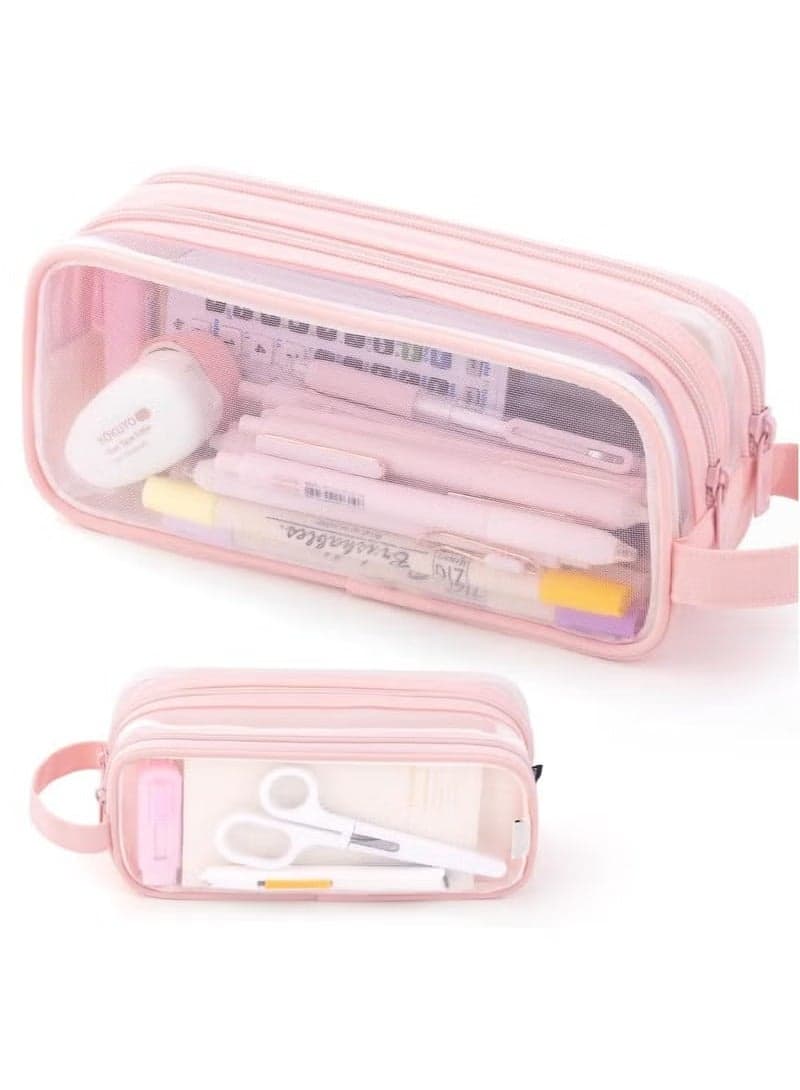Large Grid Mesh Pencil Case 2 Compartment Pen Bag Clear Handheld Multifunction Pencil Pouch Transparent Makeup Bag for Teen Student College Business Travel Office Adult - Pink