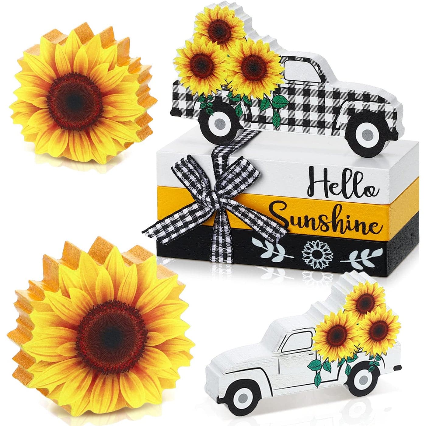 Yalikop 5 Pcs Sunflower Table Decorations Summer Tiered Tray Decor Mini Wooden Decorative Books Stack with Twine with Wood Truck Sign for Home Kitchen Shelf Tabletop Centerpieces