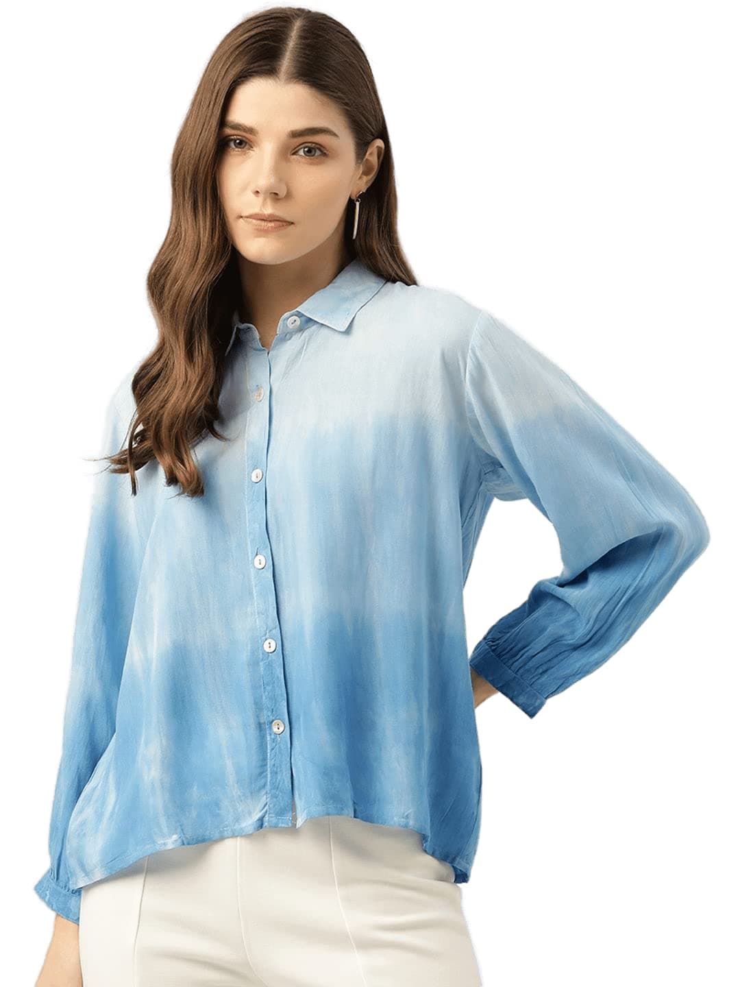 Maaesa – Women Handcrafted Blue Tie-Dye Rayon Shirt | Casual & Office Wear | Relaxed Fit | Long Sleeve | Breathable & Lightweight Fabric