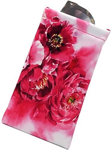 MyEyeglassCase Women Soft Sunglasses Case - Large Glasses Holder in Floral Microfiber Print - Squeeze Top Eyeglass Pouch with Cloth - Passport Holder, Smart Phone Case (CT8 Peonies)