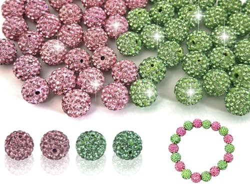 12mm Pink Green Clay Rhinestone Beads for Bracelets 58pcs Sparkly Pave Disco Ball Round Diamond Bling Loose Spacer Beads for Jewelry MakingNecklaces and Craft Projects