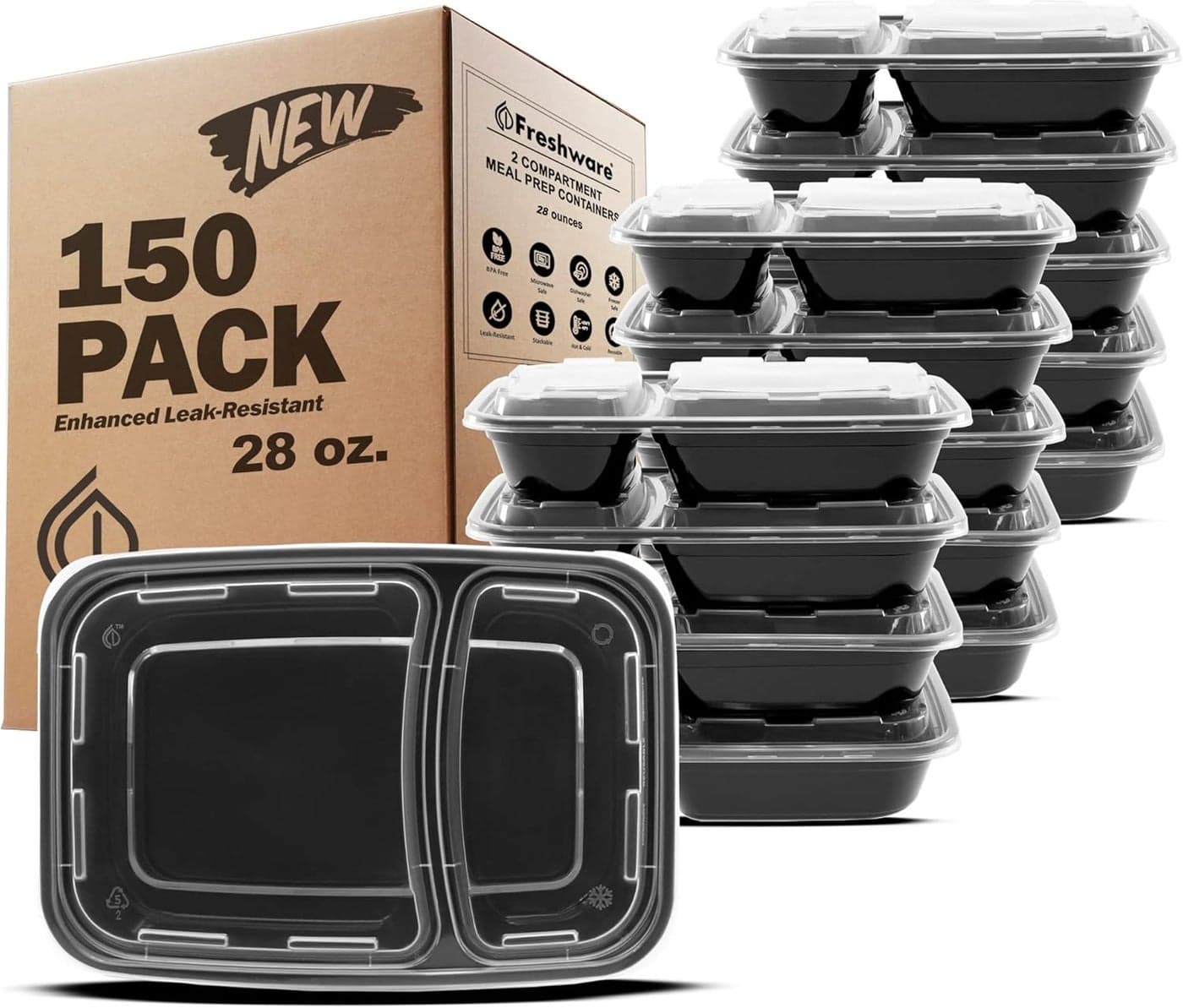 Freshware Meal Prep Containers 150 Pack 2 Compartment with Lids Food Storage Containers Bento Box BPA Free Stackable MicrowaveDishwasherFreezer Safe 32 oz
