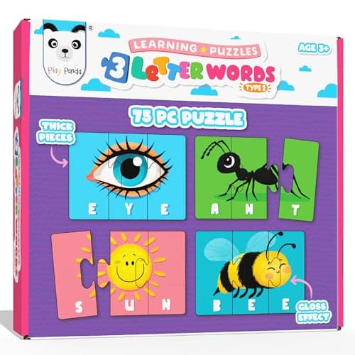Play Panda Learning Puzzle 3 Letter Words, Type 2-75 Piece Spelling Puzzle Set with Spelling Guide, Word Puzzle Game for Kids, Letter Recognition and Early Reading Puzzle Game for Boys and Girls
