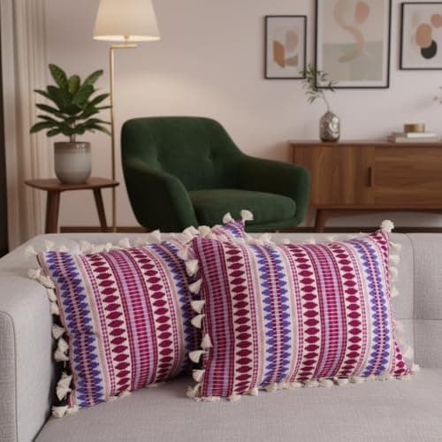 STITCHNEST Geometric Woven Cushion Covers with Tassels | Set of 2 | Purple & Pink | 12 x 18 Inches | Decorative Sofa & Living Room Cushion Covers