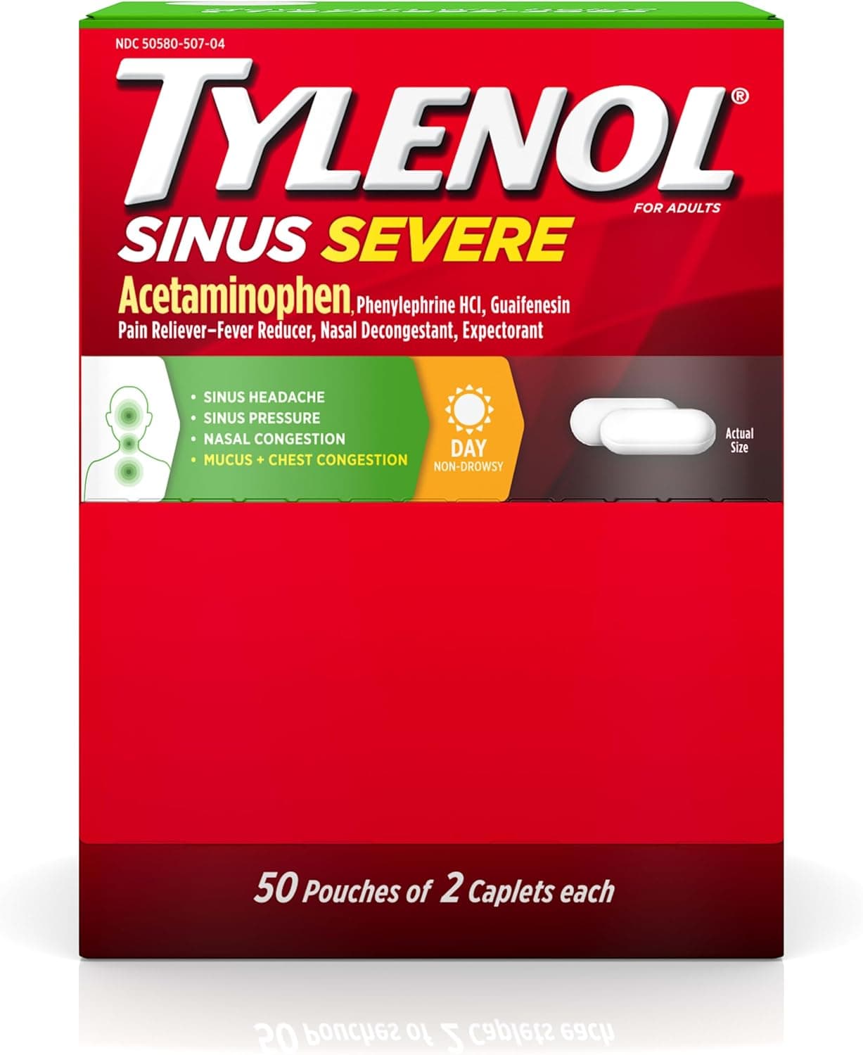 Sinus Severe Daytime Caplets with Acetaminophen 325mg Guaifenesin 200mg Phenylephrine HCl 5mg NonDrowsy Pain Reliever Expectorant Nasal Decongestant 50 Travel Packs of 2 ct