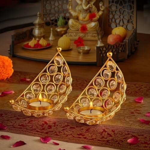TIED RIBBONS Set of 2 Handcrafted Moon Shaped Tea Light Candle Holder for Home Décor Table Top Living Room for Wedding & Festive Decoration | Decoration Item for Home, Gifts Items