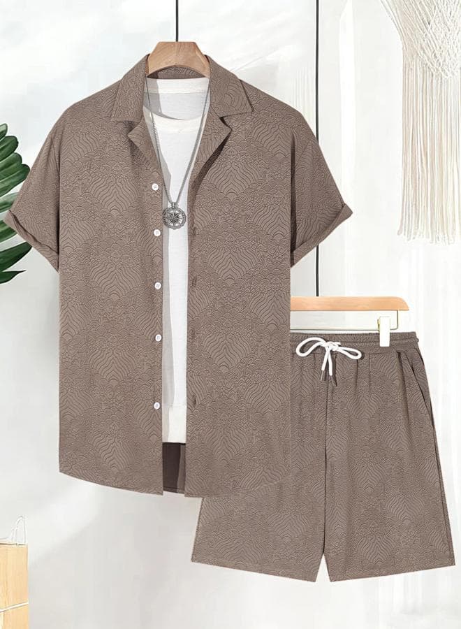 Men Tan Jacquard Short Sleeve Button Front Shirt and Shorts Co-Ords