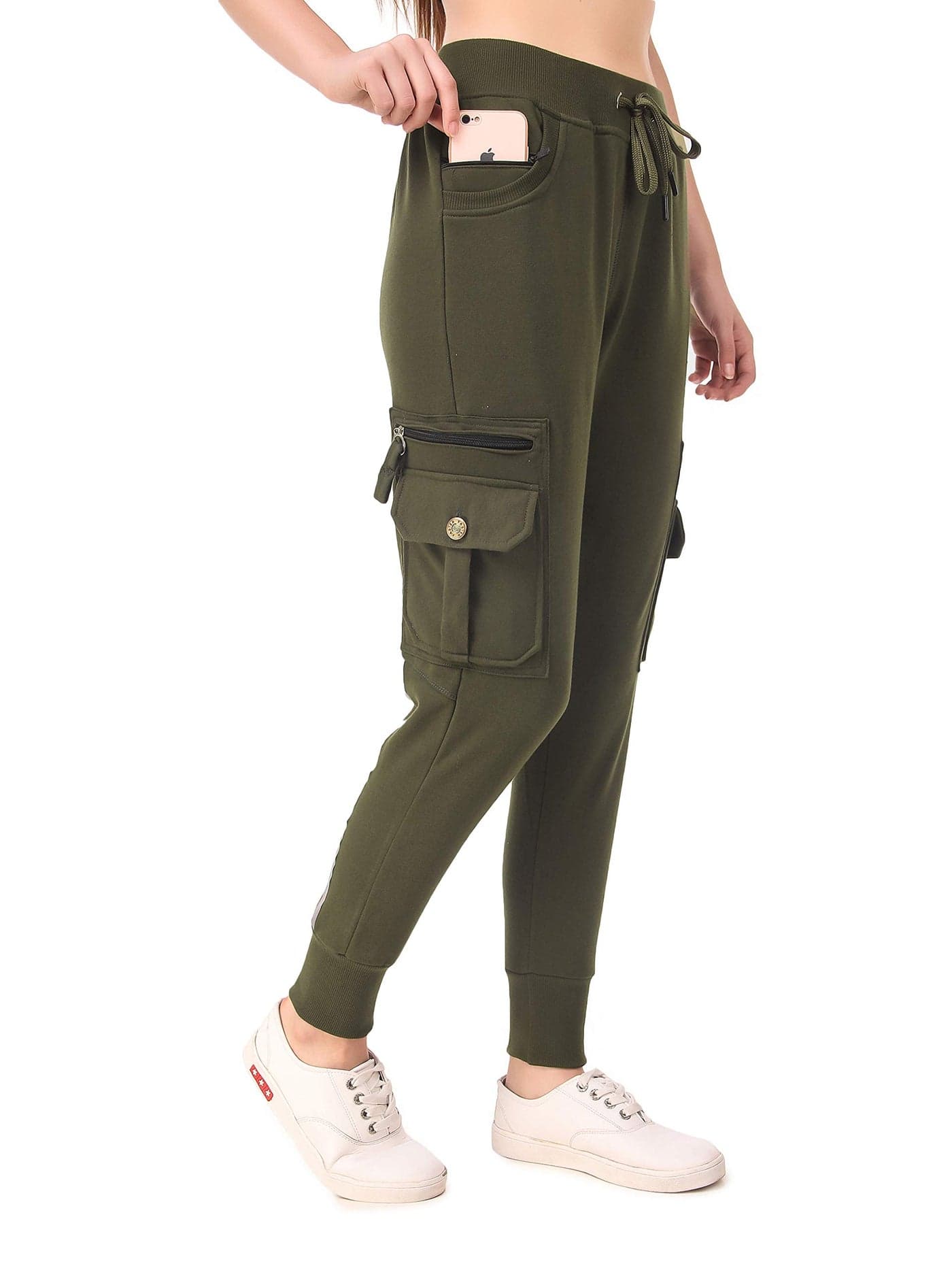 UZARUS Women's Cotton Slim Fit Cargo Joggers Mid Rise Track Pants with 4 Zippered Pockets Military Green, XL