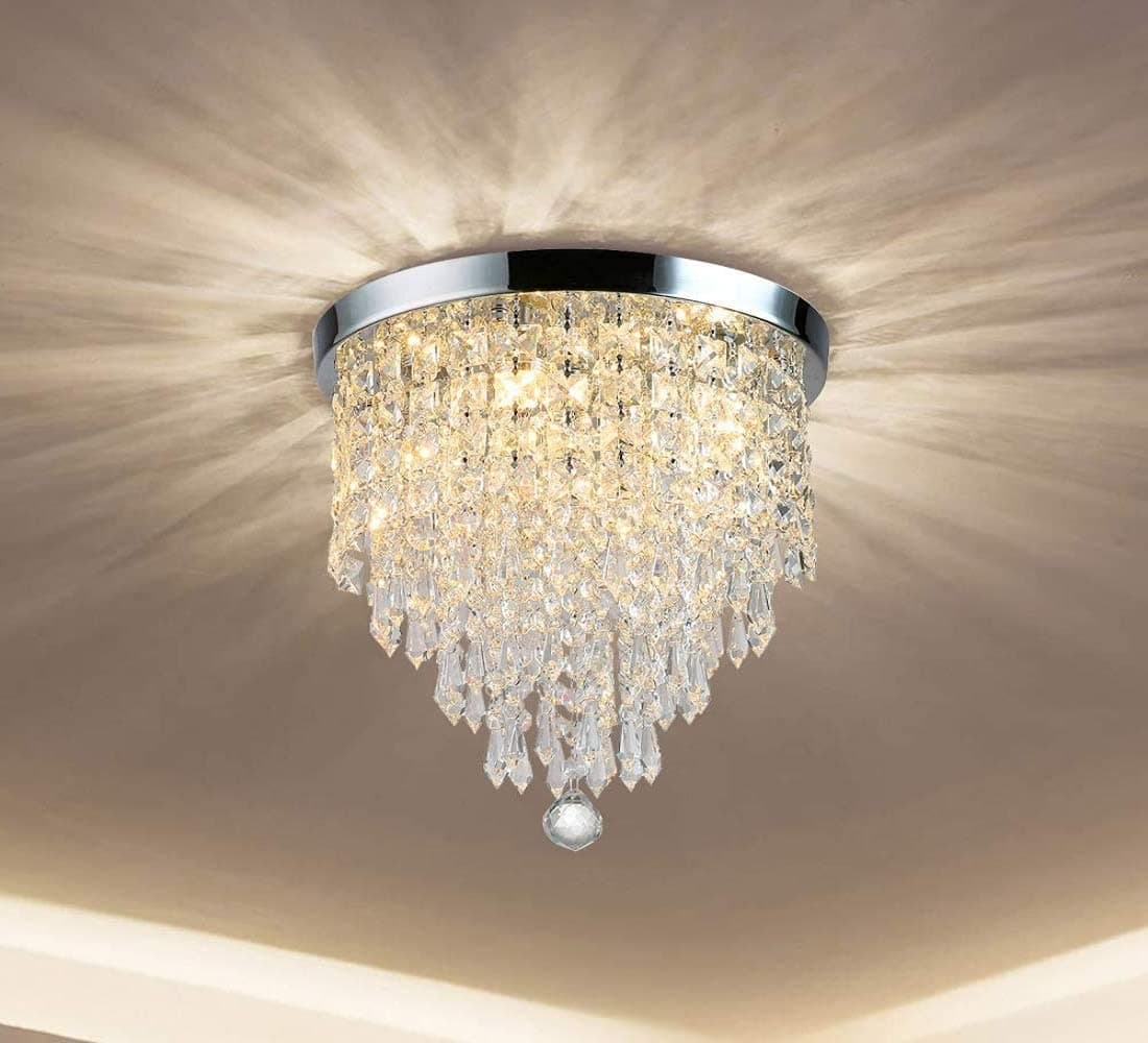 CRYSTA WORLD 3-W White K9 Crystal Chandelier Fixture,Modern Flush Mount Ceiling Light Fixtures Raindrop Chandelier for Bedroom,Dining Room,Living Room, H 10.5" x D 9"