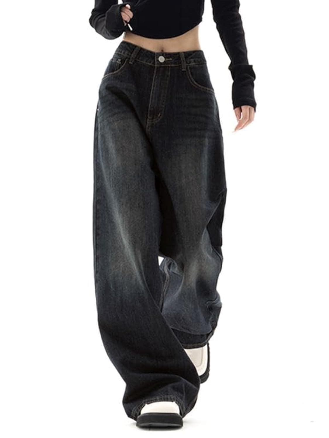 EMMIOL Baggy Boyfriend Jeans Dark Wash Vintage Pants Womens Y2K Street Fashion Wide Leg Denim Pants