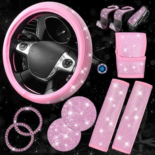 CAR PASS 11 PCS Bling Car Accessories Set for Women, Sparkly Rhinestone Diamond Steering Wheel Cover, Bling Seat Belt Cushion, Shift Knob Cover, Push Start Button Ring, Car Cup Holder Coaster, Pink